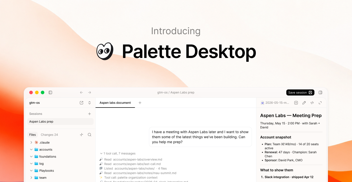Introducing Palette Desktop — Mac app showing a shared folder with an Aspen Labs meeting prep document